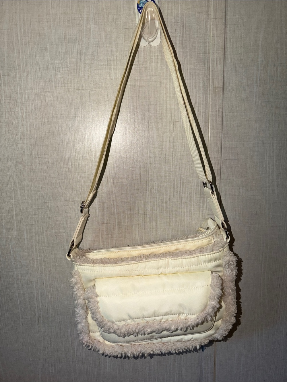 Cream Faux-Shearling Shoulder Bag with Adjustable Strap